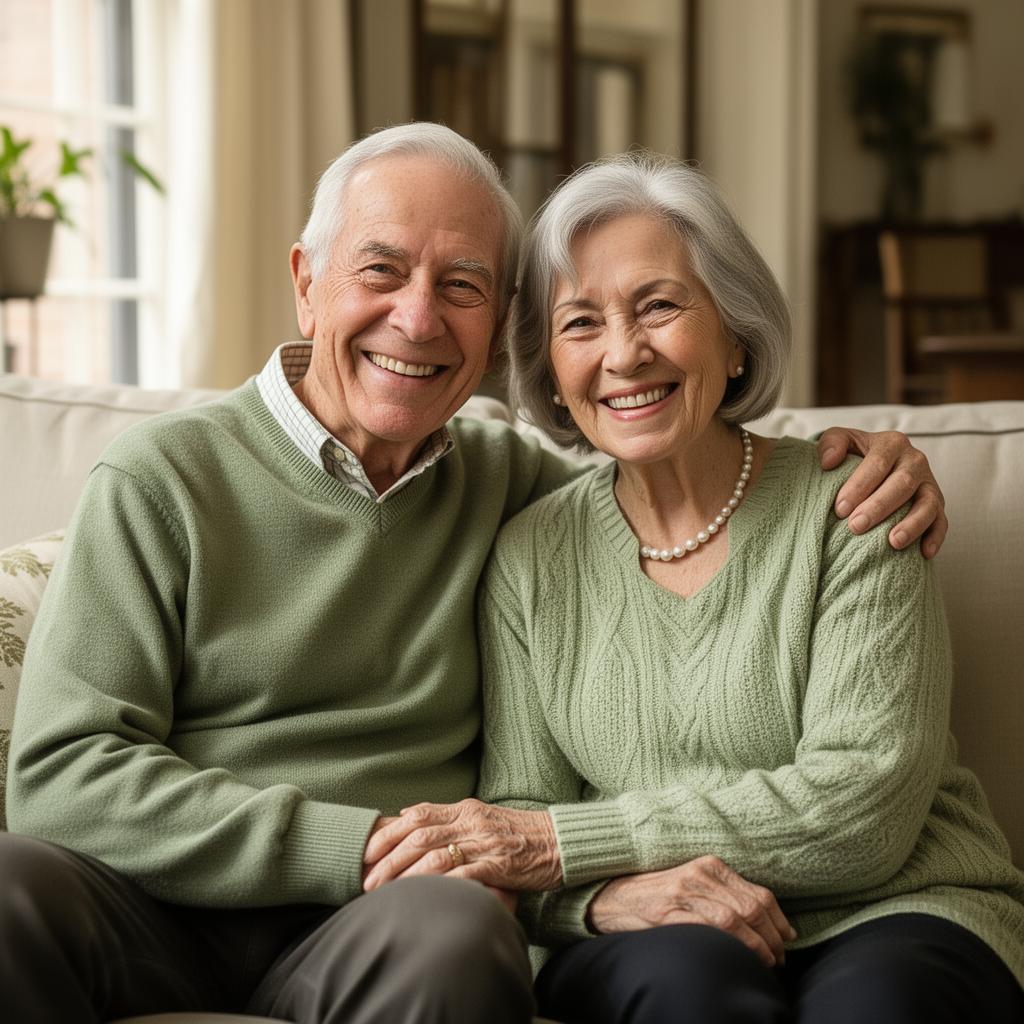 Happy elderly couple smiling together in their sunlit living room